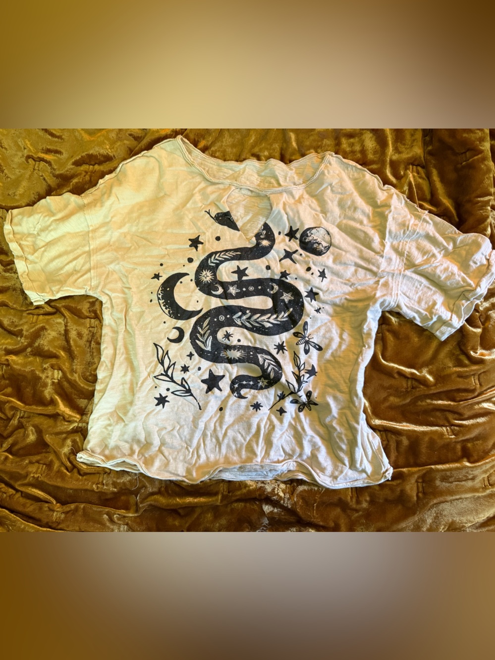 Altered Off White Cream Graphic Snake Celestial Crop Top Tee